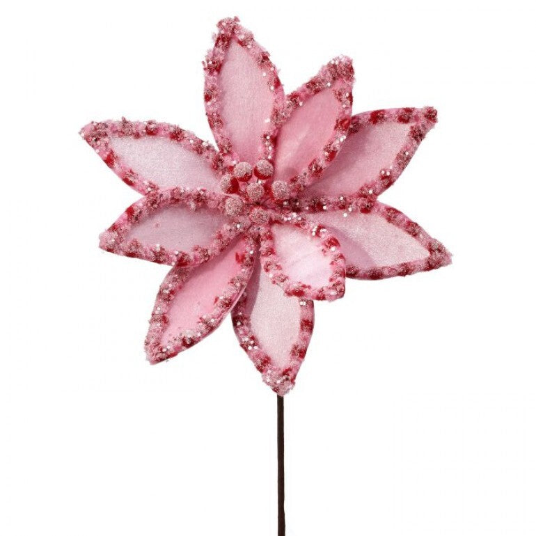 Artificial poinsettia stem with candy red petals dusted in white snowglitter glitter.
