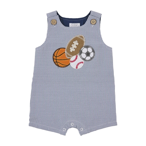 Blue and white striped sport-themed Jon Jon with football, soccer ball, basketball, and baseball appliques.