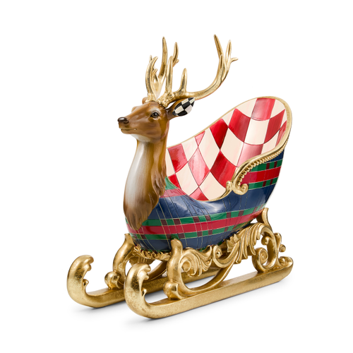 Timeless Tartan Deer Sleigh with gold antlers and runners, featuring red and blue plaid patterns.