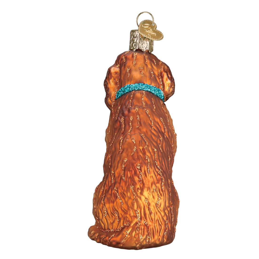 Back view of a glass Irish Doodle dog ornament with a brown coat and a sparkly blue collar.