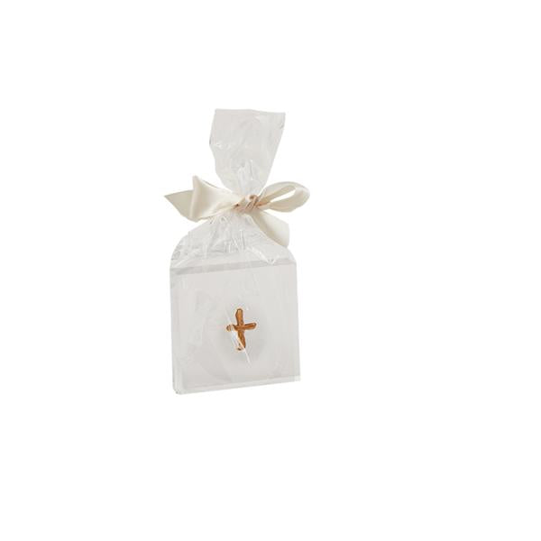 3-inch square heart-shaped acrylic plaque with hand-painted plaster icon wrapped in cello bag and ribbon.