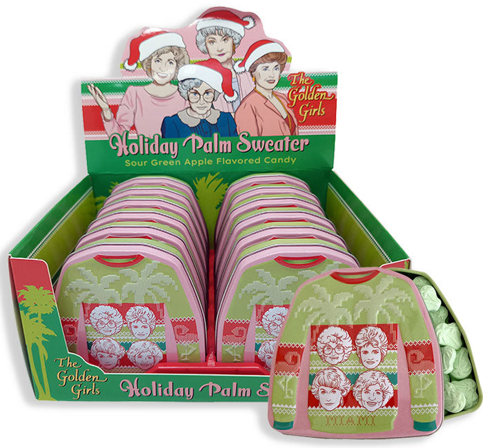Golden Girls Holiday Palm sweater tin in gold with palm tree holiday pattern