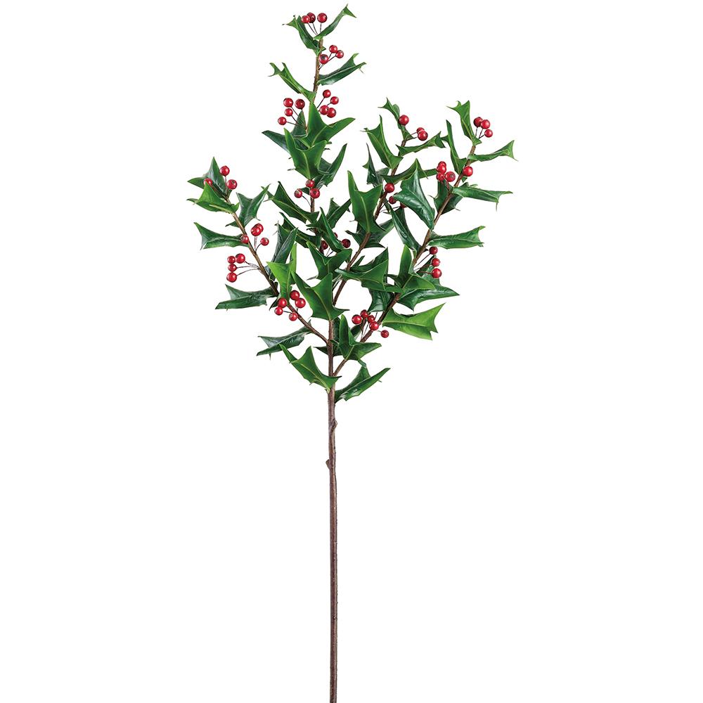 38-inch artificial holly spray with green spiky leaves and clusters of small red berries.