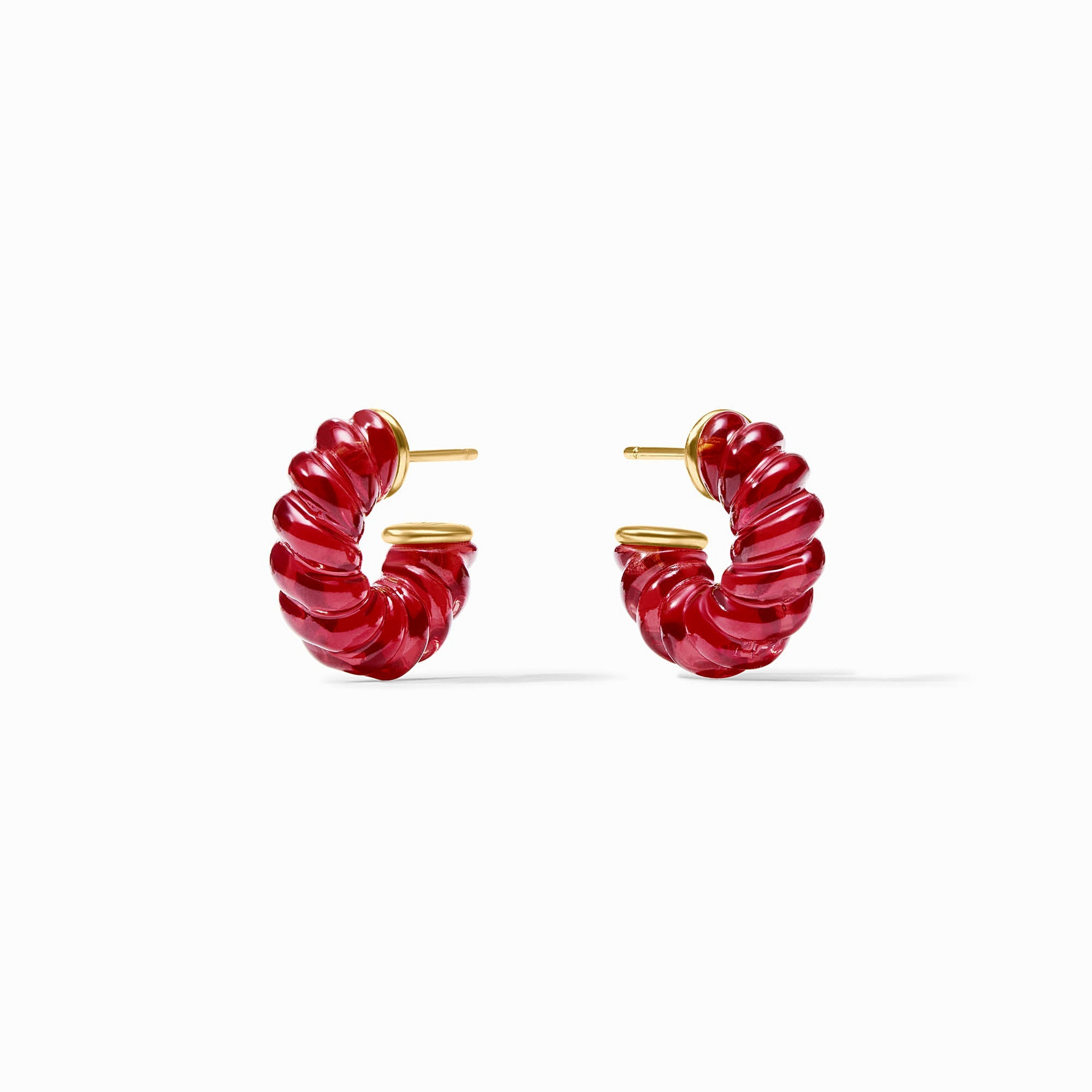 Pair of red resin Ravello Hoop earrings with 24K gold plated posts and accents.