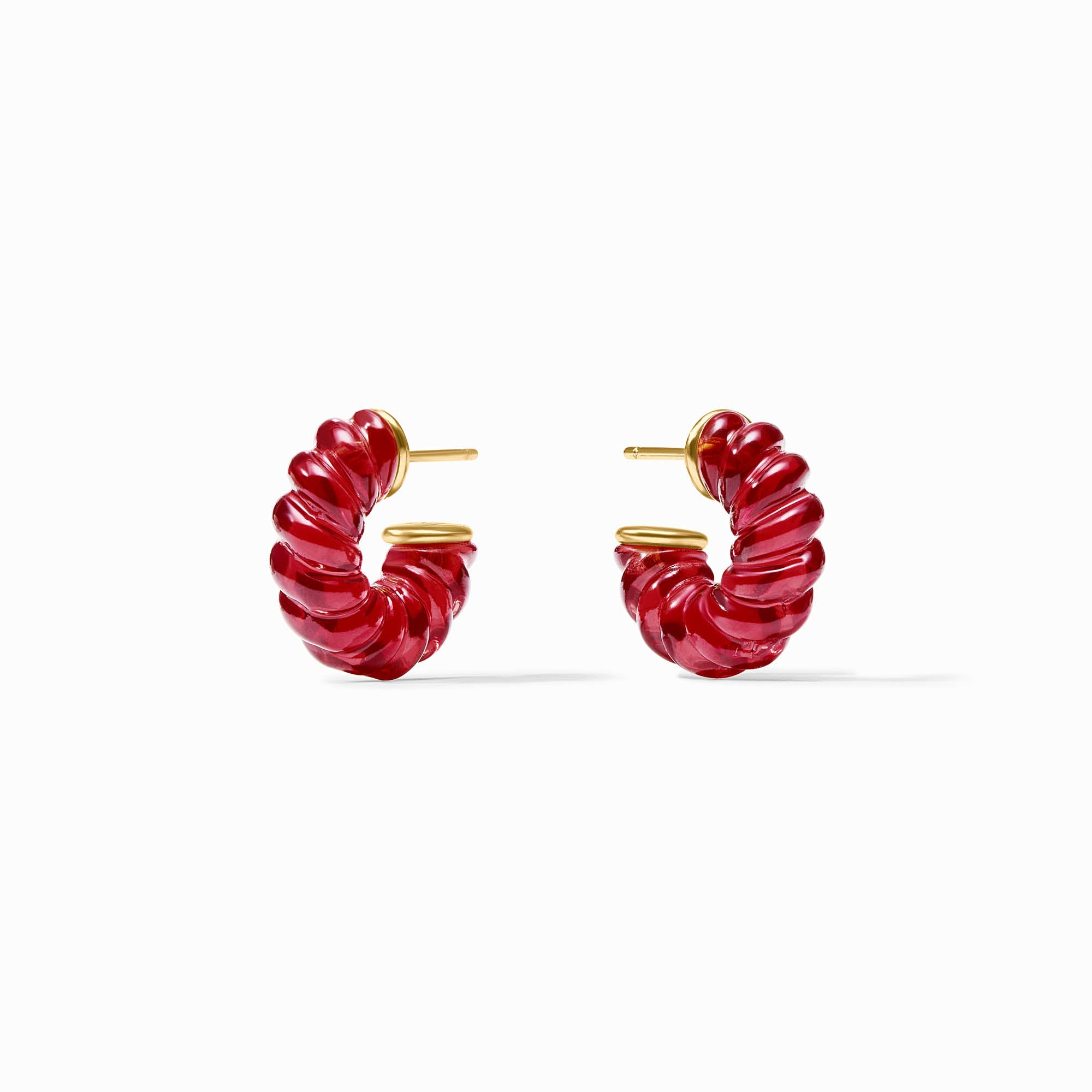 Pair of red resin Ravello Hoop earrings with 24K gold plated posts and accents.