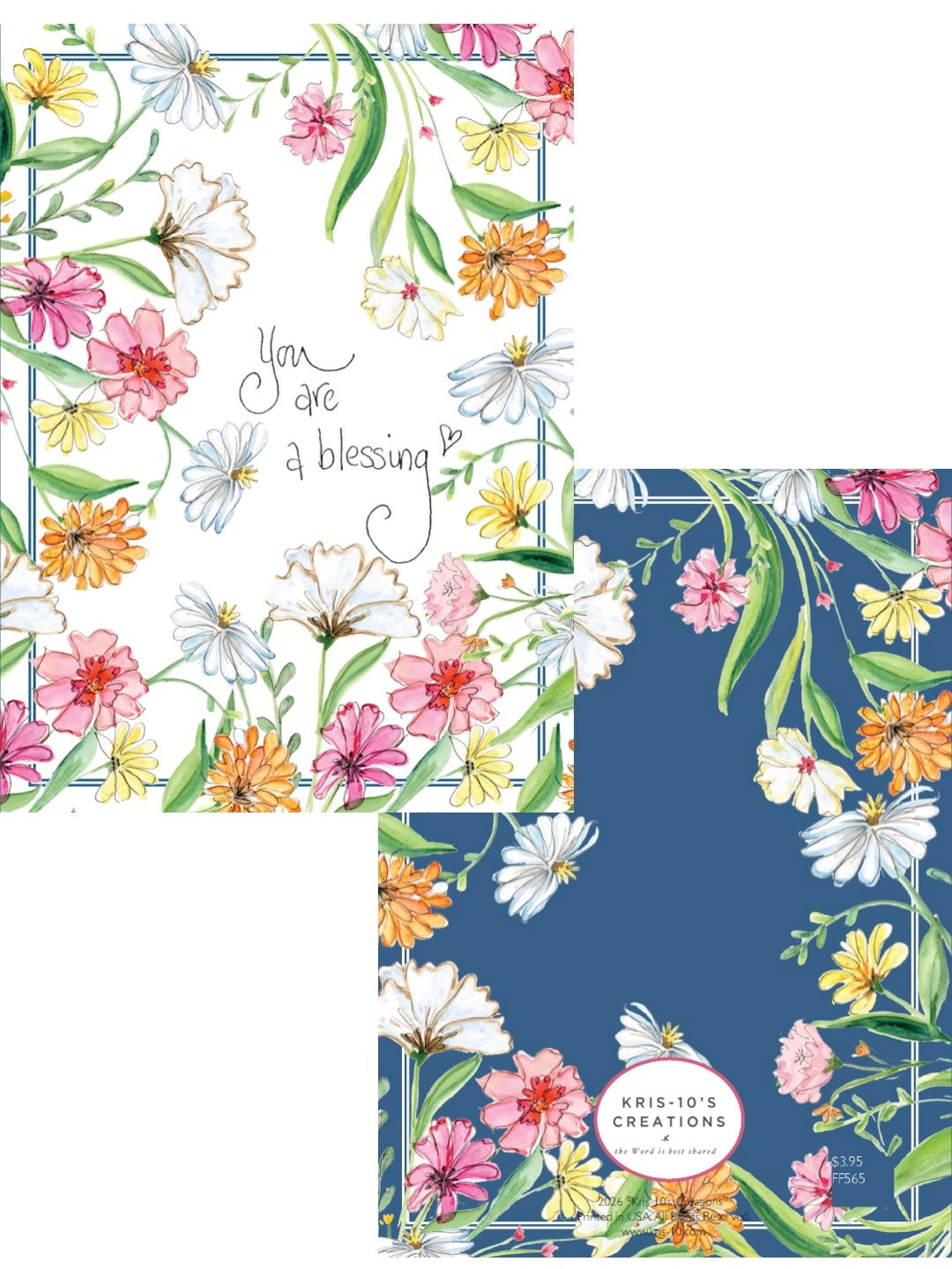 Watercolor floral greeting card with 'You are a blessing' text on white and navy backgrounds.