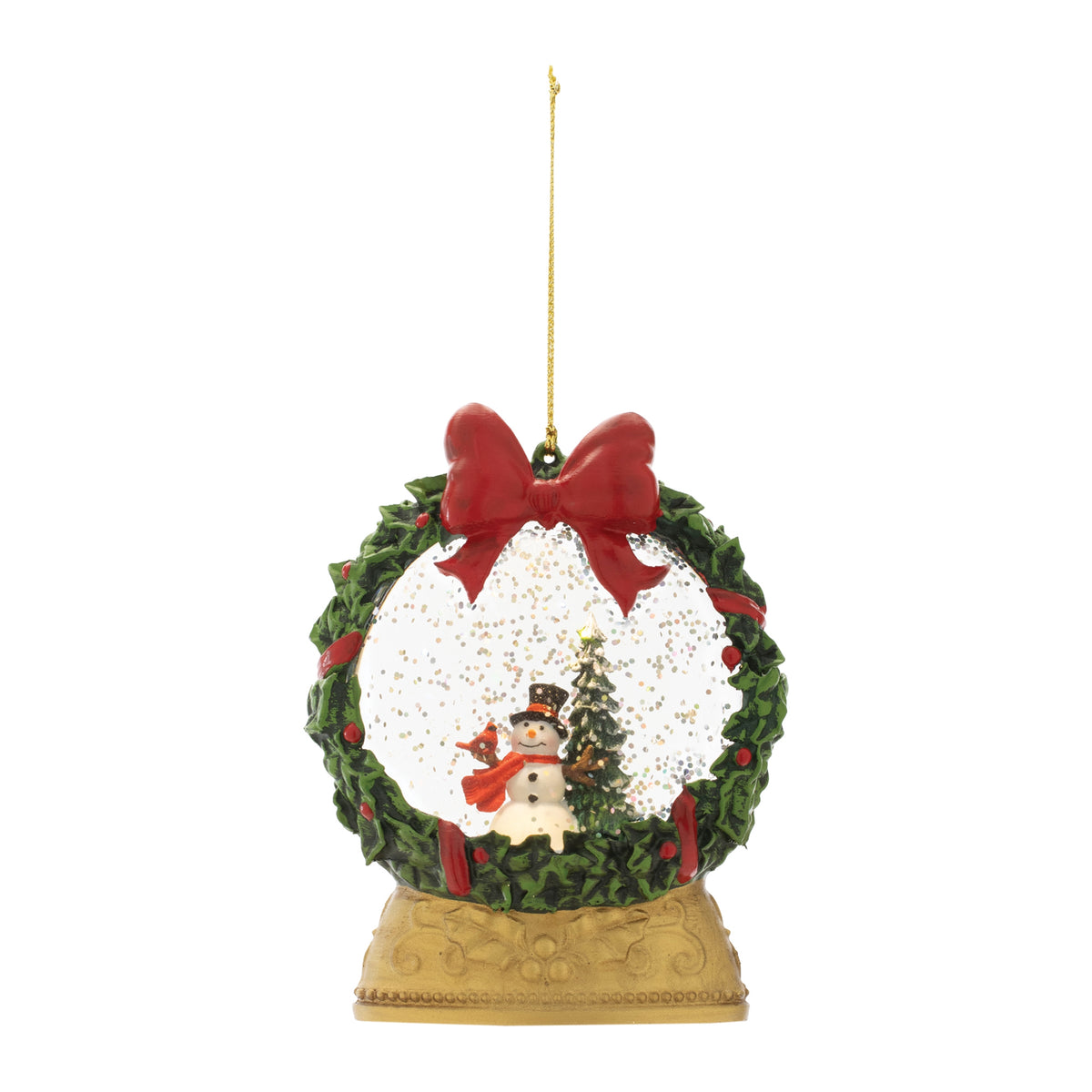 LED Globe Ornament featuring a snowman and Christmas tree inside a wreath-framed snow globe.