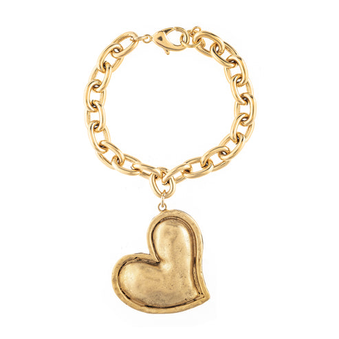 Aubrie gold-tone chunky link chain bracelet with a large sculpted heart charm.