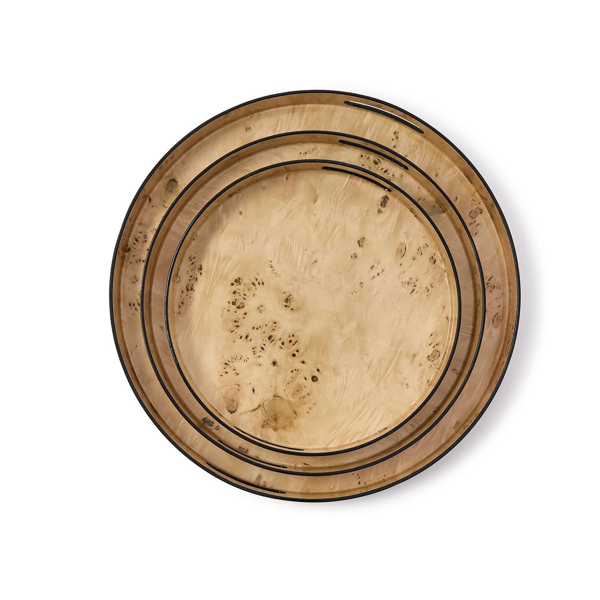 Set of three round trays with a light brown burled wood pattern and black rims.