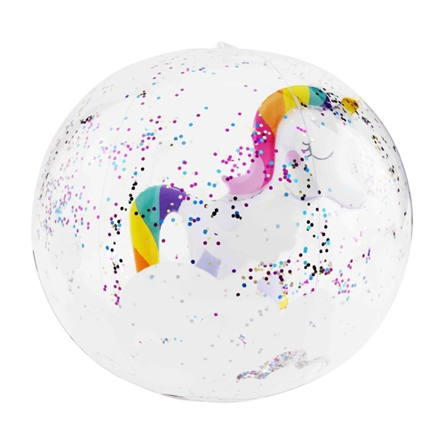 Plastic beach ball with a white unicorn silhouette covered in multicolored glitter.