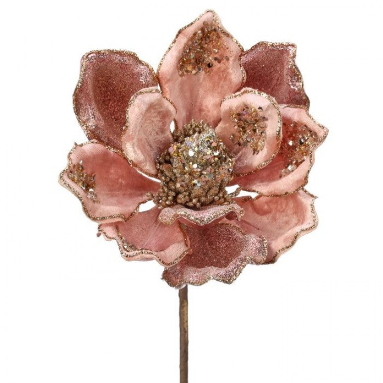 Heavy jeweled magnolia stem decoration in cream with gold accents
