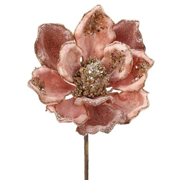 Heavy jeweled magnolia stem decoration in cream with gold accents
