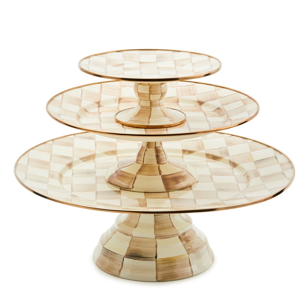 Mocha Check Large Pedestal Platter with hand-painted checkered pattern and bronzed steel rim.