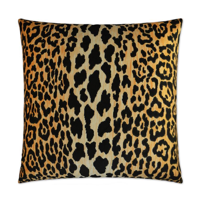 Jamil square pillow with a black and tan leopard print pattern and embroidered details.