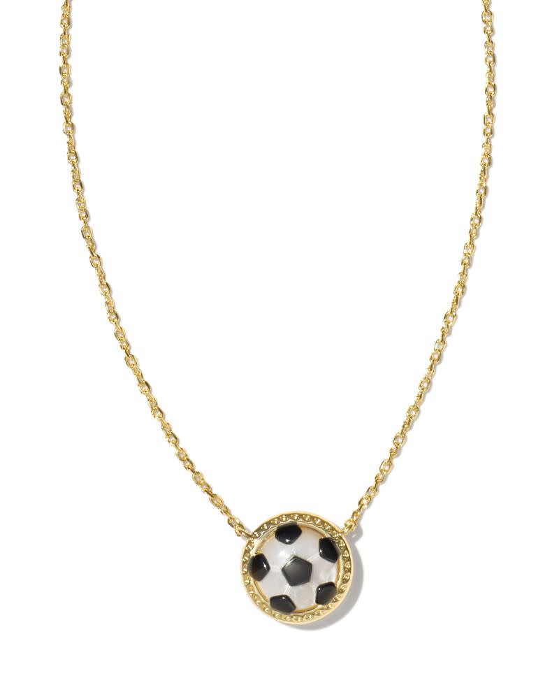 Soccer short pendant necklace in 14k yellow gold over brass with ivory mother of pearl and black.
