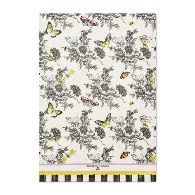 Cotton dish towel with blue butterfly toile print on white background