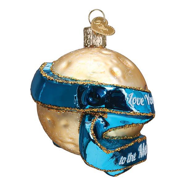 Glass moon ornament with a blue ribbon reading Love You to the Moon and Back.