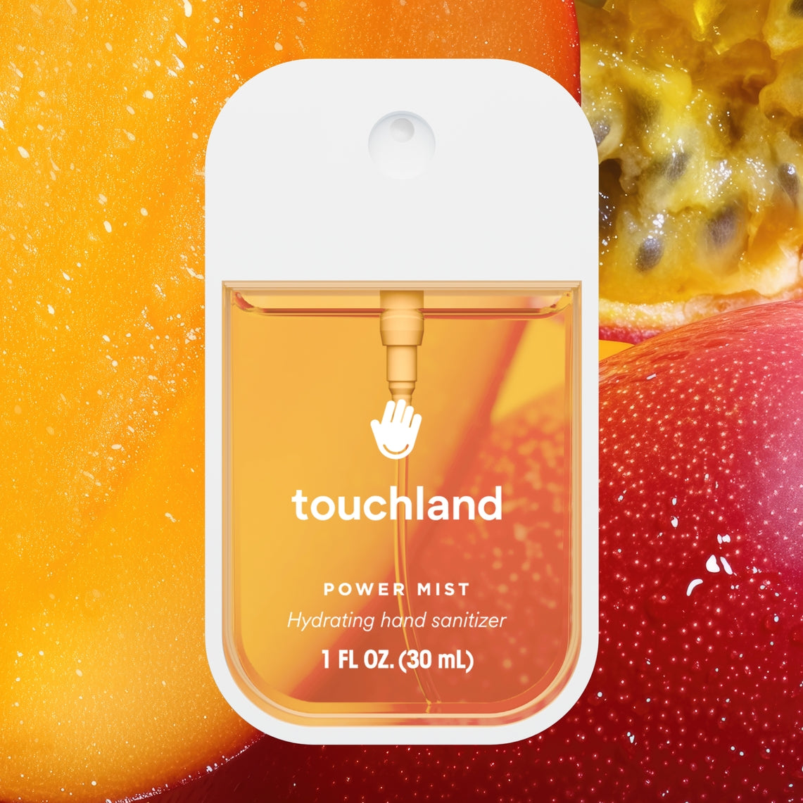 Travel-sized Power Mist hydrating hand sanitizer in a white bottle with black cap.