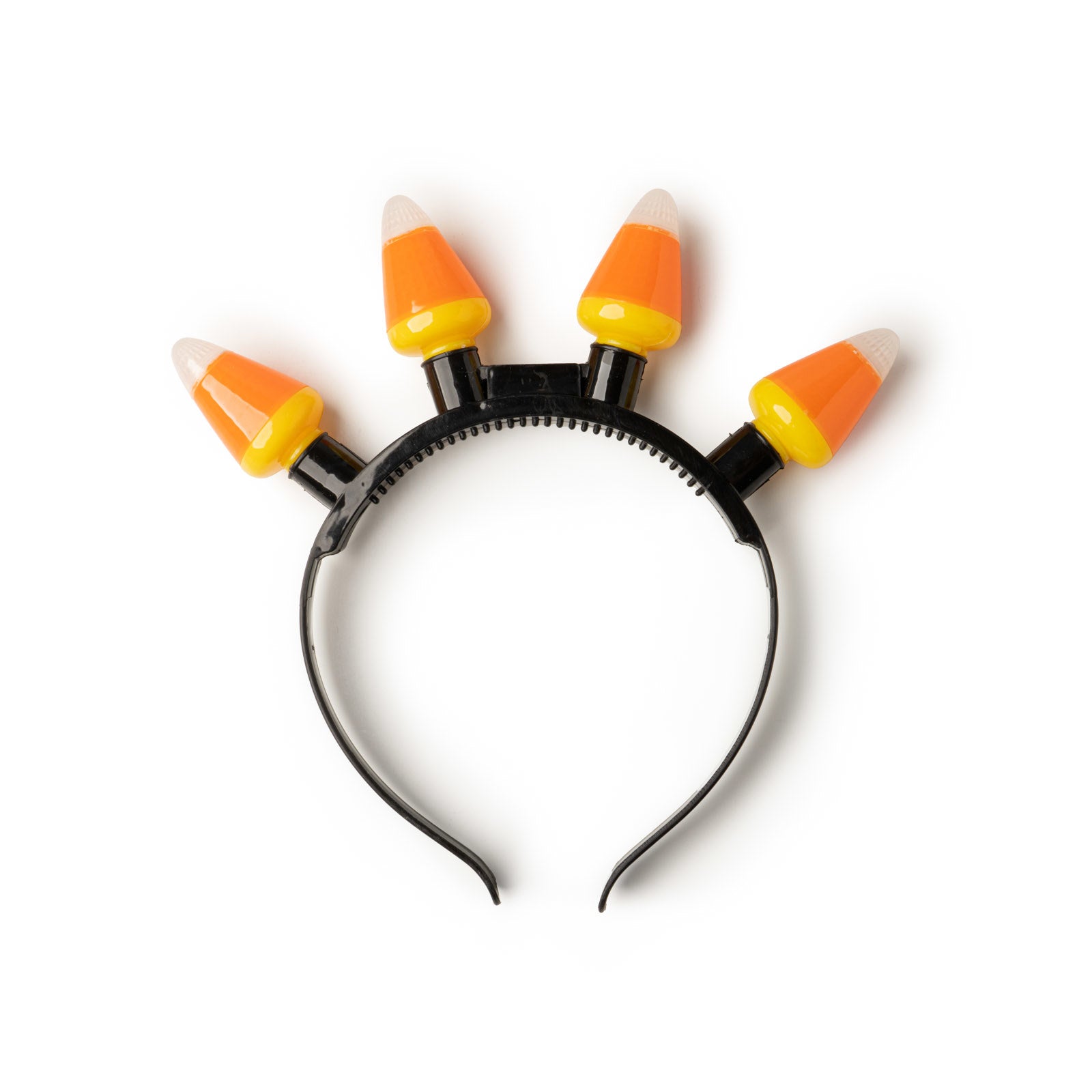 Halloween headband with four jumbo light-up candy corn LED bulbs on a black plastic band.
