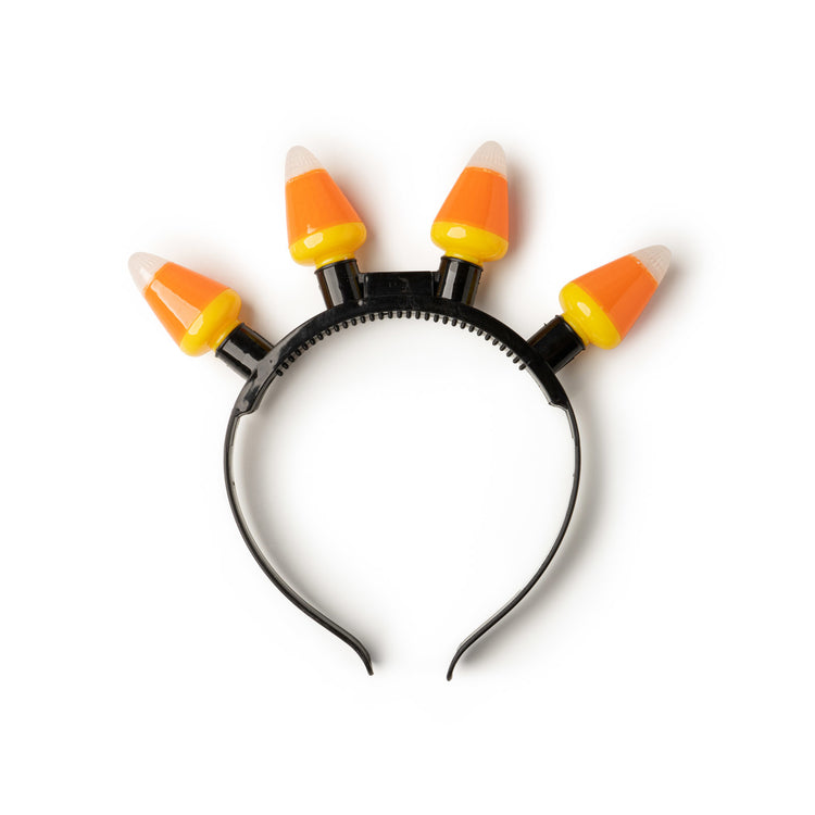 Halloween headband with four jumbo light-up candy corn LED bulbs on a black plastic band.
