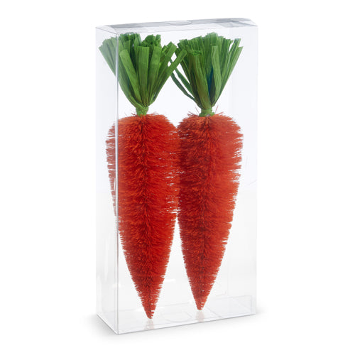 Box of fourteen bottle brush carrots made from sisal and paper with natural tan color.