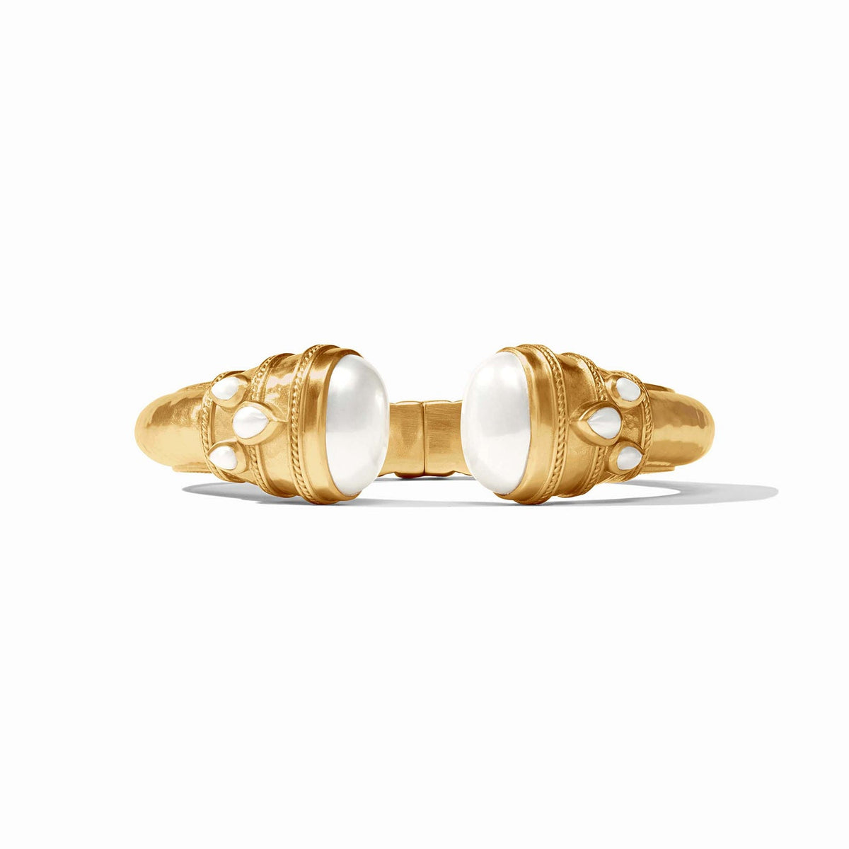 Cannes Cuff in 24K gold plate with large white glass cabochons and small teardrop accents.