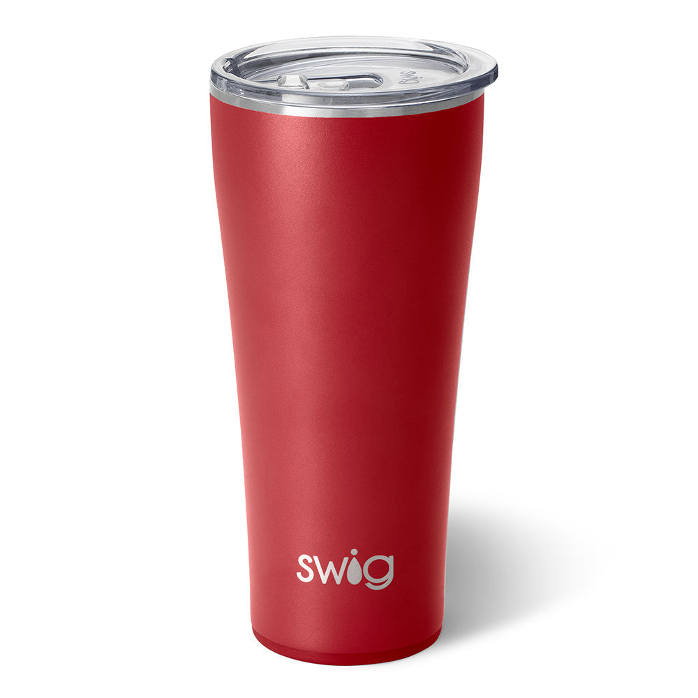 Red 32oz stainless steel tumbler with a slim silhouette, clear lid, and Swig logo on the front.