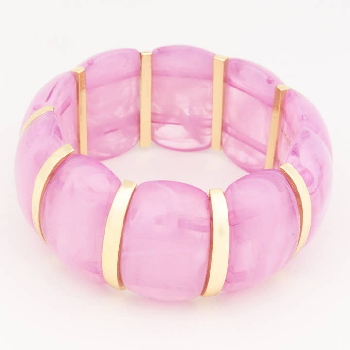 Talia Orchid Bracelet featuring chunky, marbled pink resin beads separated by gold-tone metal bars.