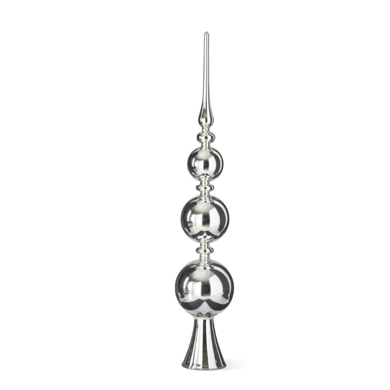 Silver glass finial tree topper with three graduated spheres and a tall pointed spire.