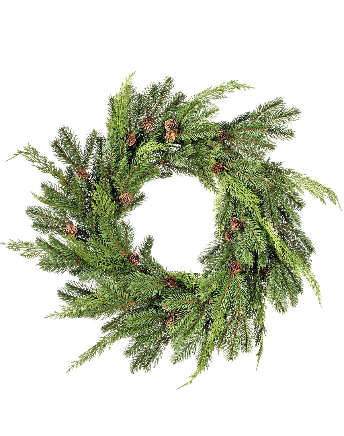 24-inch Just Cut Woodland Pines Wreath with natural green needles and small pinecones.