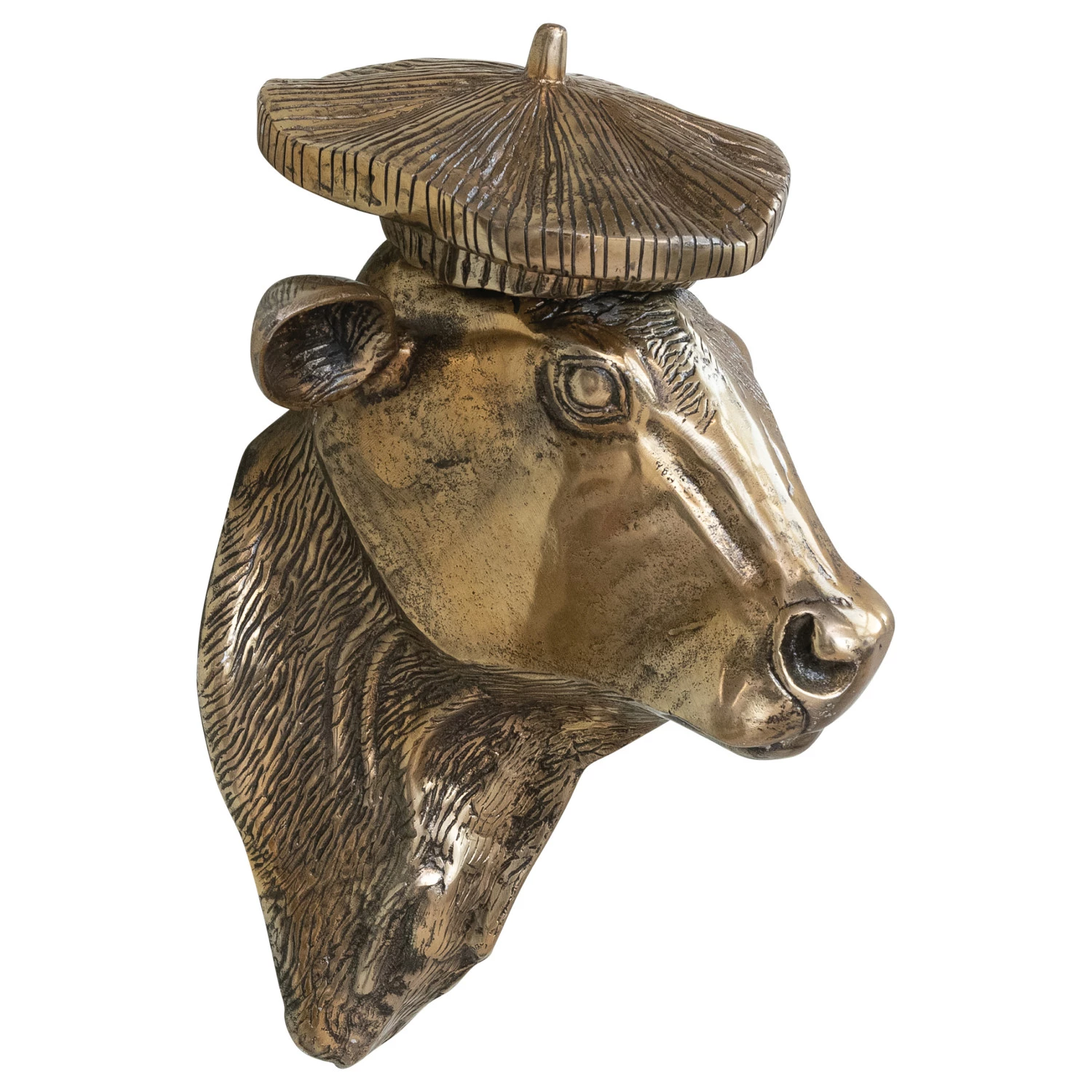 Cast aluminum cow head wall décor with a bronze finish and a textured beret hat.