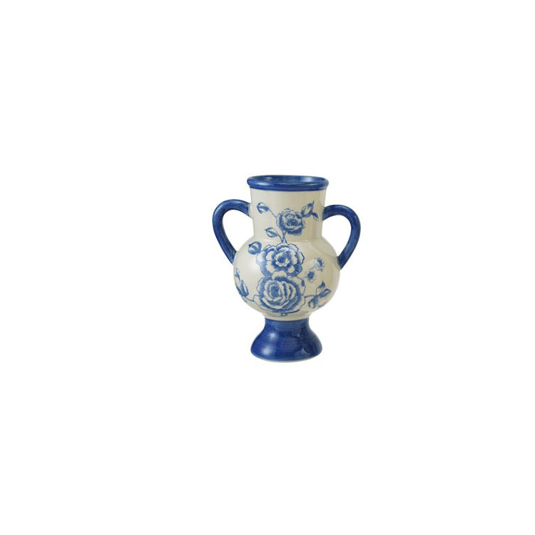 Hand-painted white stoneware vase with blue floral designs, two handles, and a pedestal base.