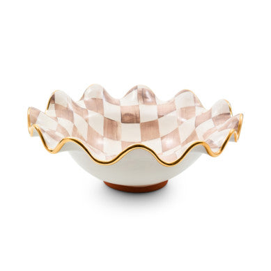 Handmade mocha ceramic fluted serving bowl with gold lustre embellishments