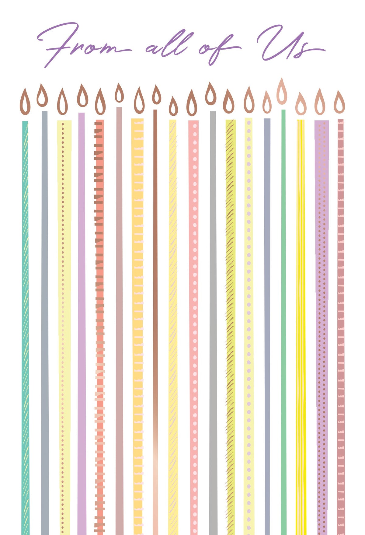 Elongated birthday candles with glitter foil finish displaying the message 'From all of Us Inside Text: We all join in wishing you a very happy birthday.'