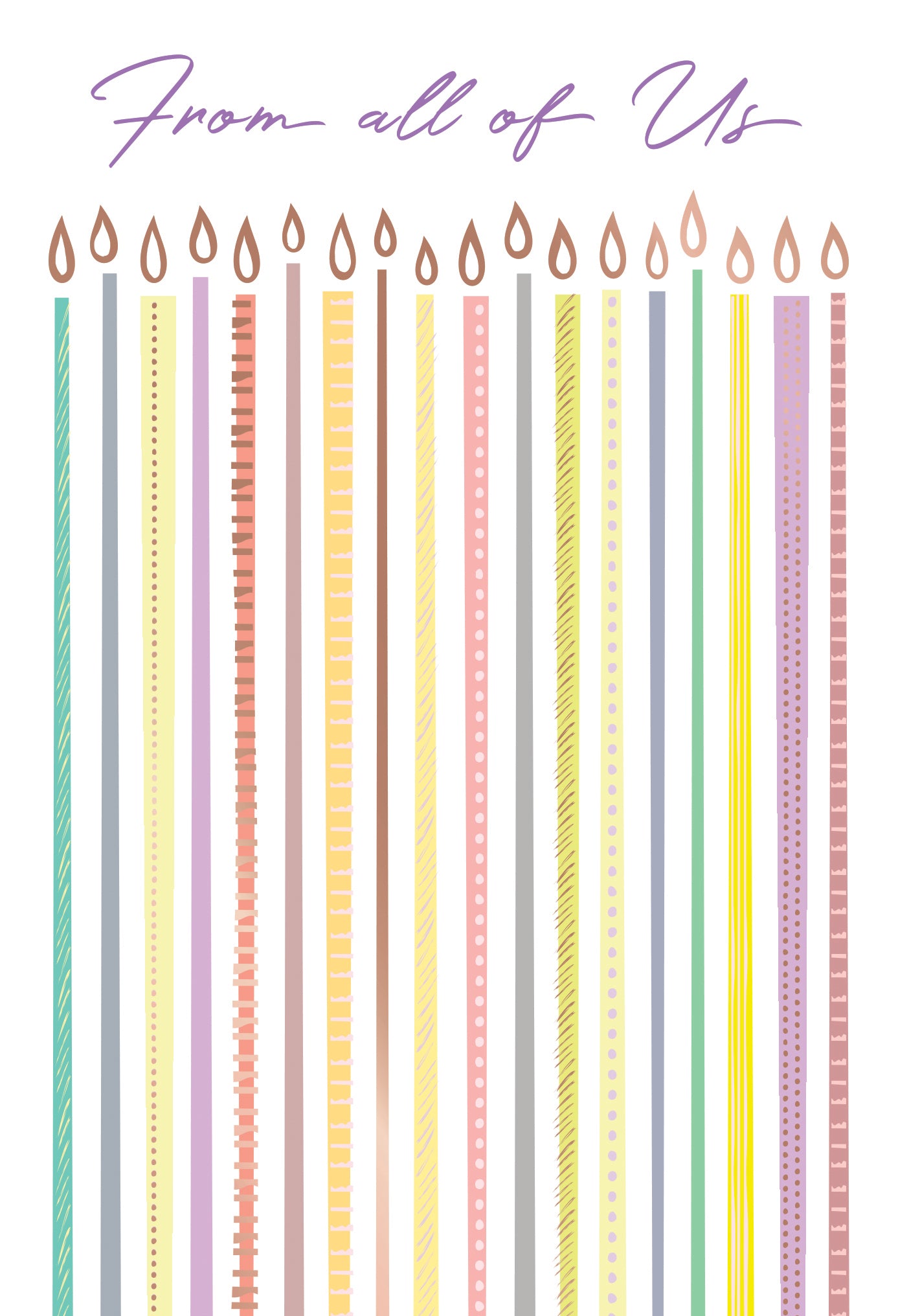 Elongated birthday candles with glitter foil finish displaying the message 'From all of Us Inside Text: We all join in wishing you a very happy birthday.'