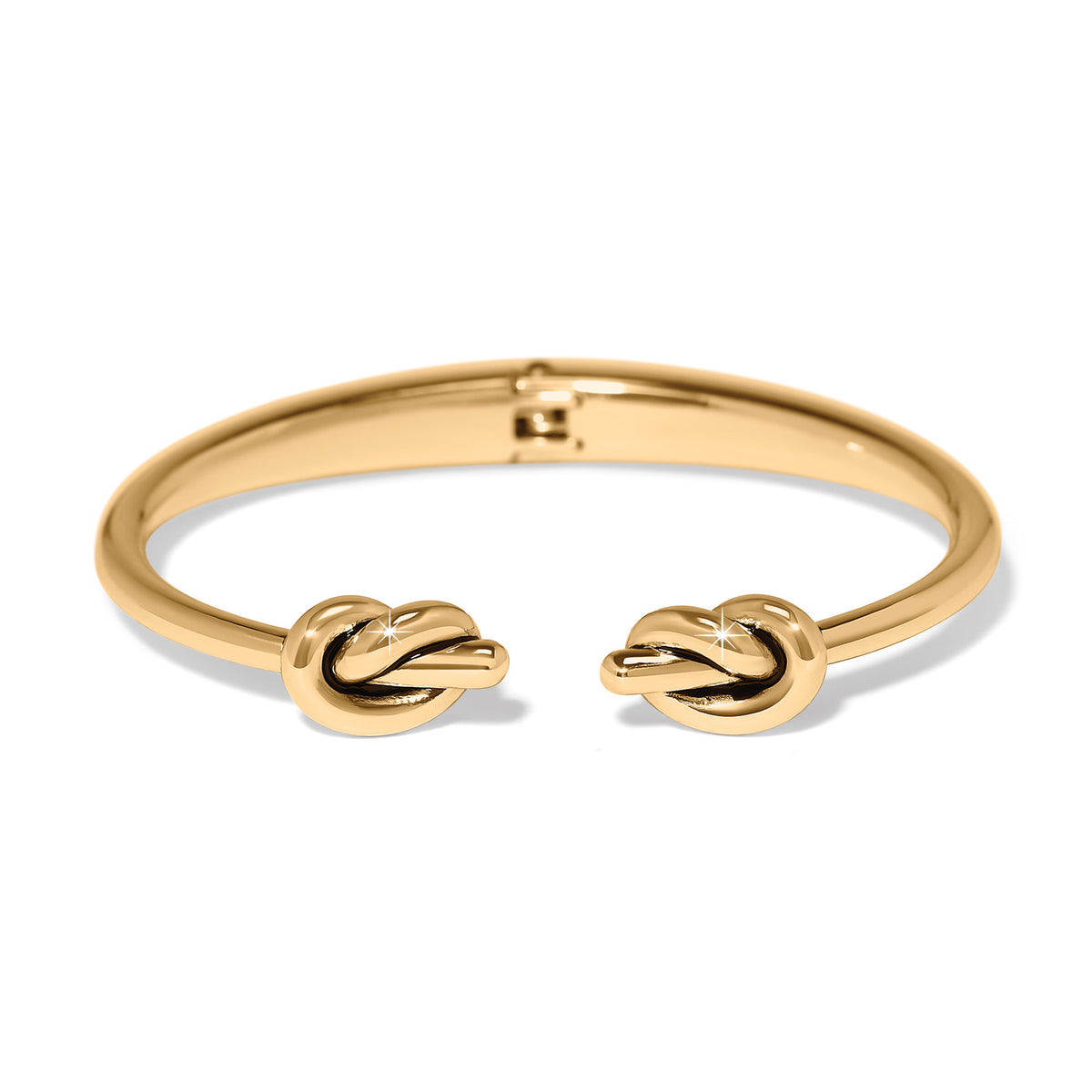 Gold plated hinged bangle with a single knot open hinge closure