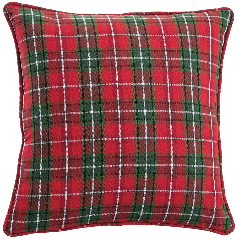 16-inch square red and green plaid decorative pillow with white grid lines and piped edges.