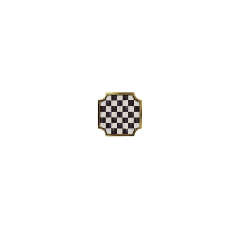 Square stackable trinket tray with black and white checkered pattern and gold leaf gallery edges.