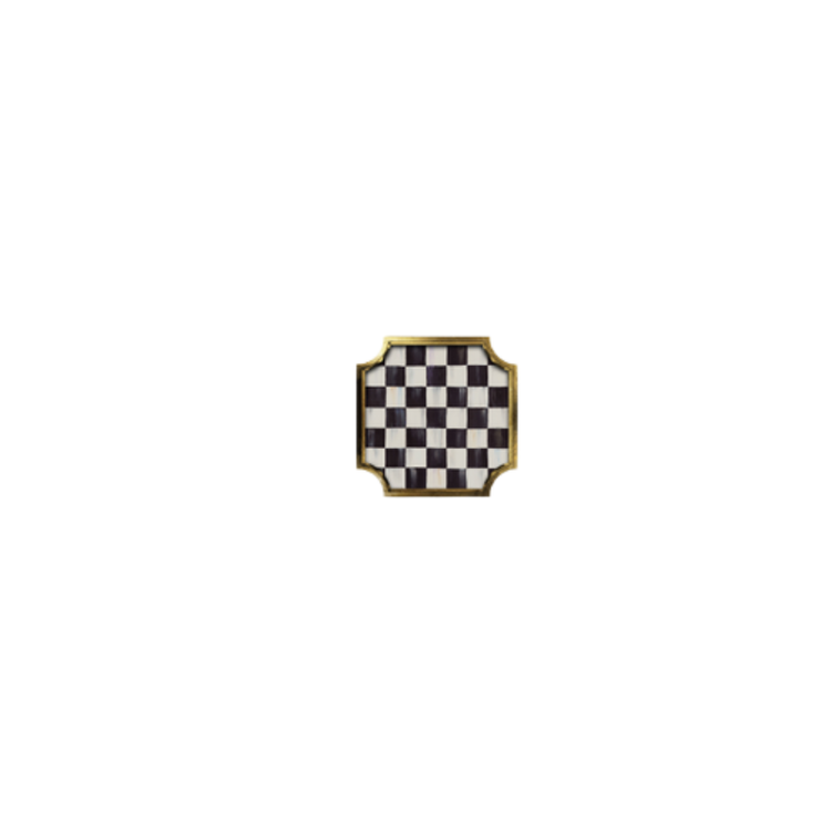 Square stackable trinket tray with black and white checkered pattern and gold leaf gallery edges.