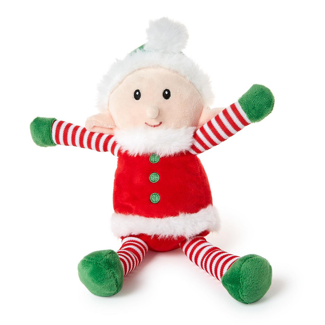 Alfie the Elf plush toy with red outfit, green buttons, and reversible striped arms and legs.