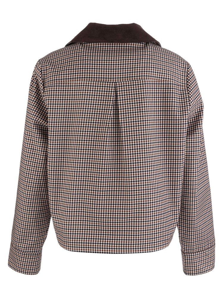 Back view of the Natalia Zip Front Jacket in a brown and black check pattern with a cord collar.