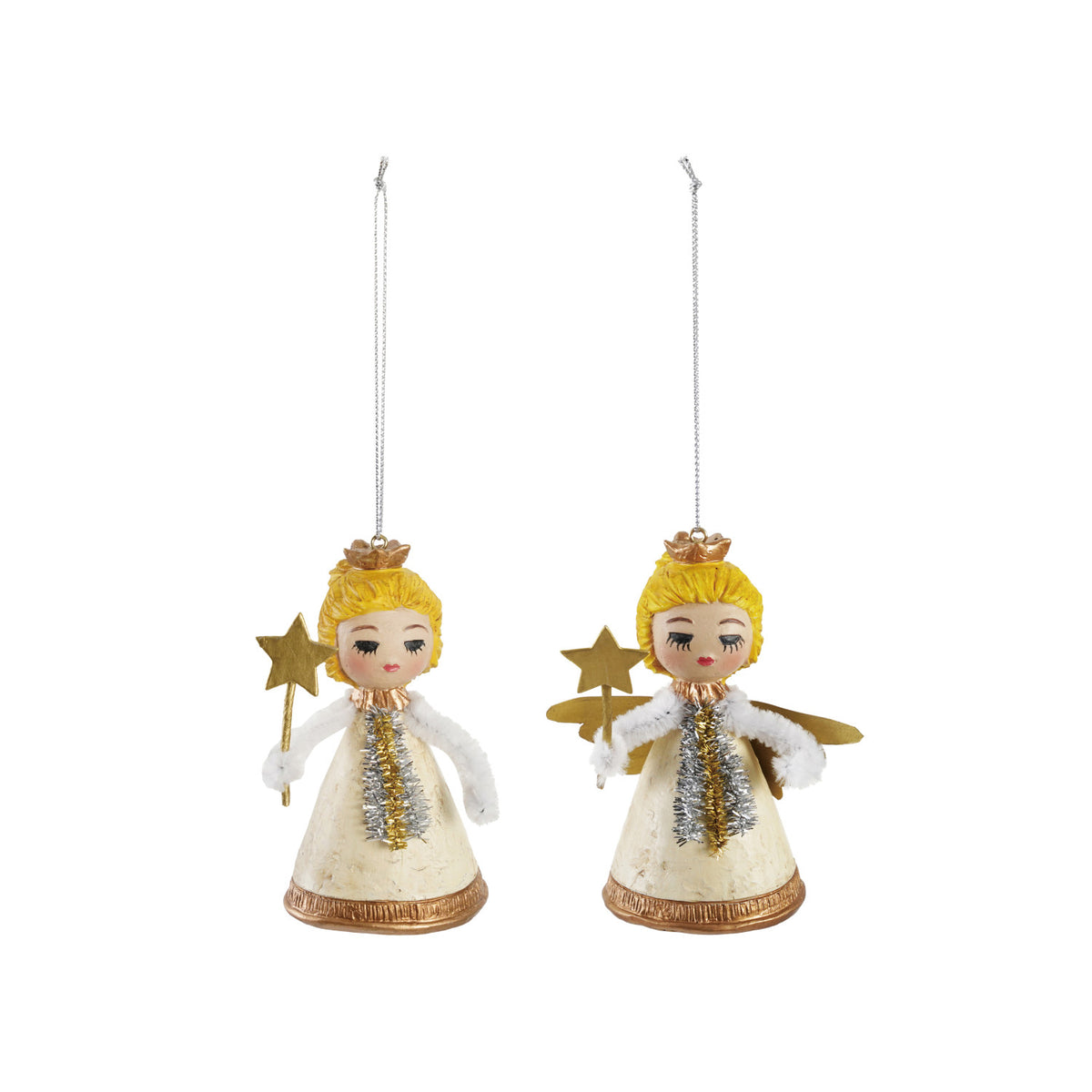 Vintage-style resin angel ornament with golden hair, cream gown, tinsel, and a gold star wand.