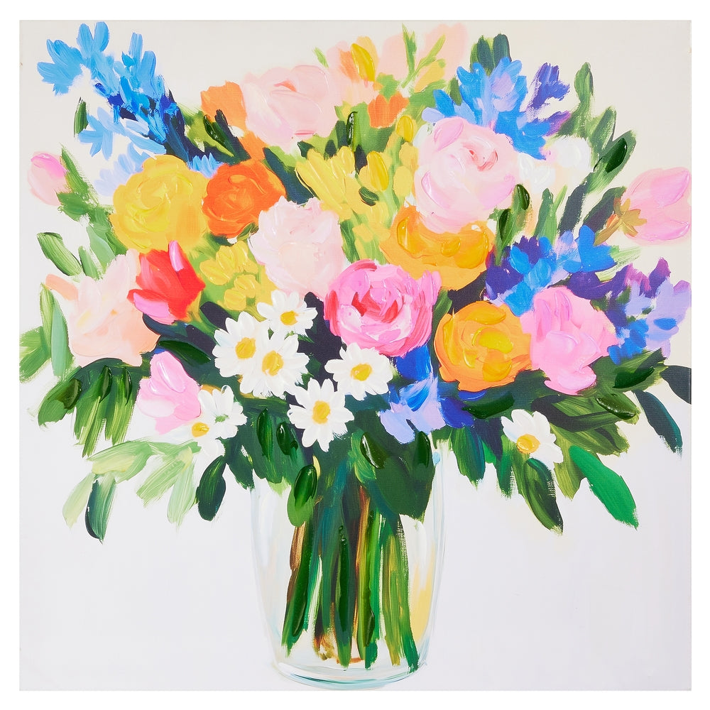 Multicolor floral wall art made of Finland pine with a square silhouette measuring 23.75 inches.