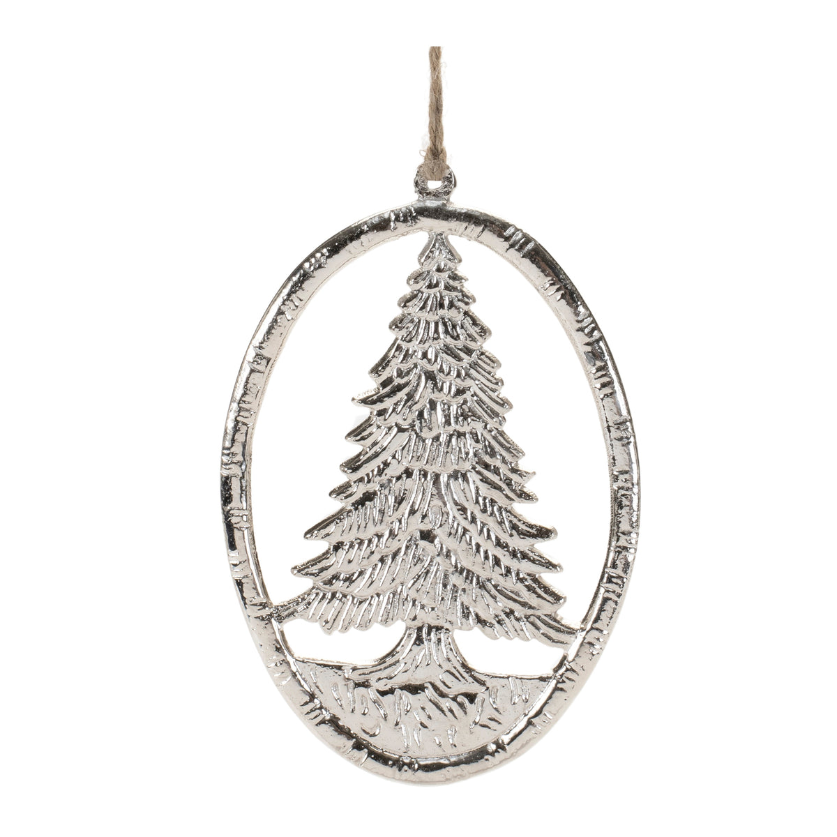 6-inch oval aluminum tree ornament with a smooth metallic finish.