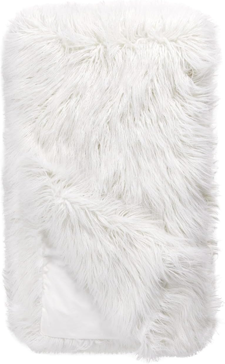 White Tibetan lamb faux fur throw with a soft velvet lining, measuring 60x72 inches.