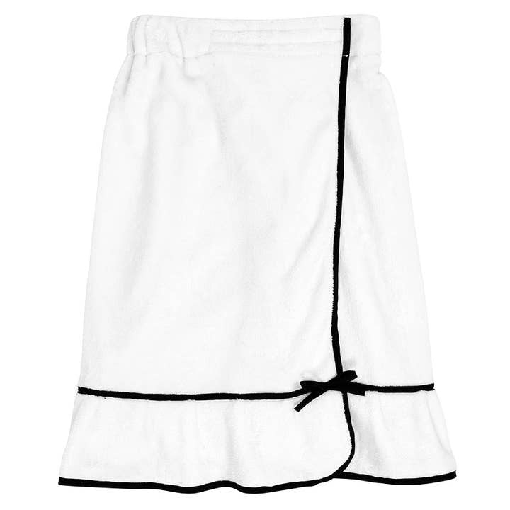 White polyester spa wrap with black trim and a small bow detail at the hem.