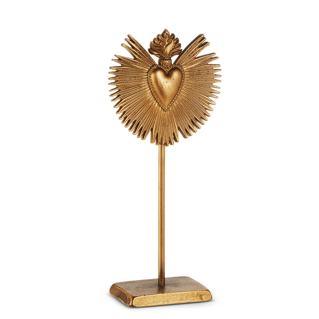 10-inch antique gold sacred heart sculpture on a thin stand with a square base.