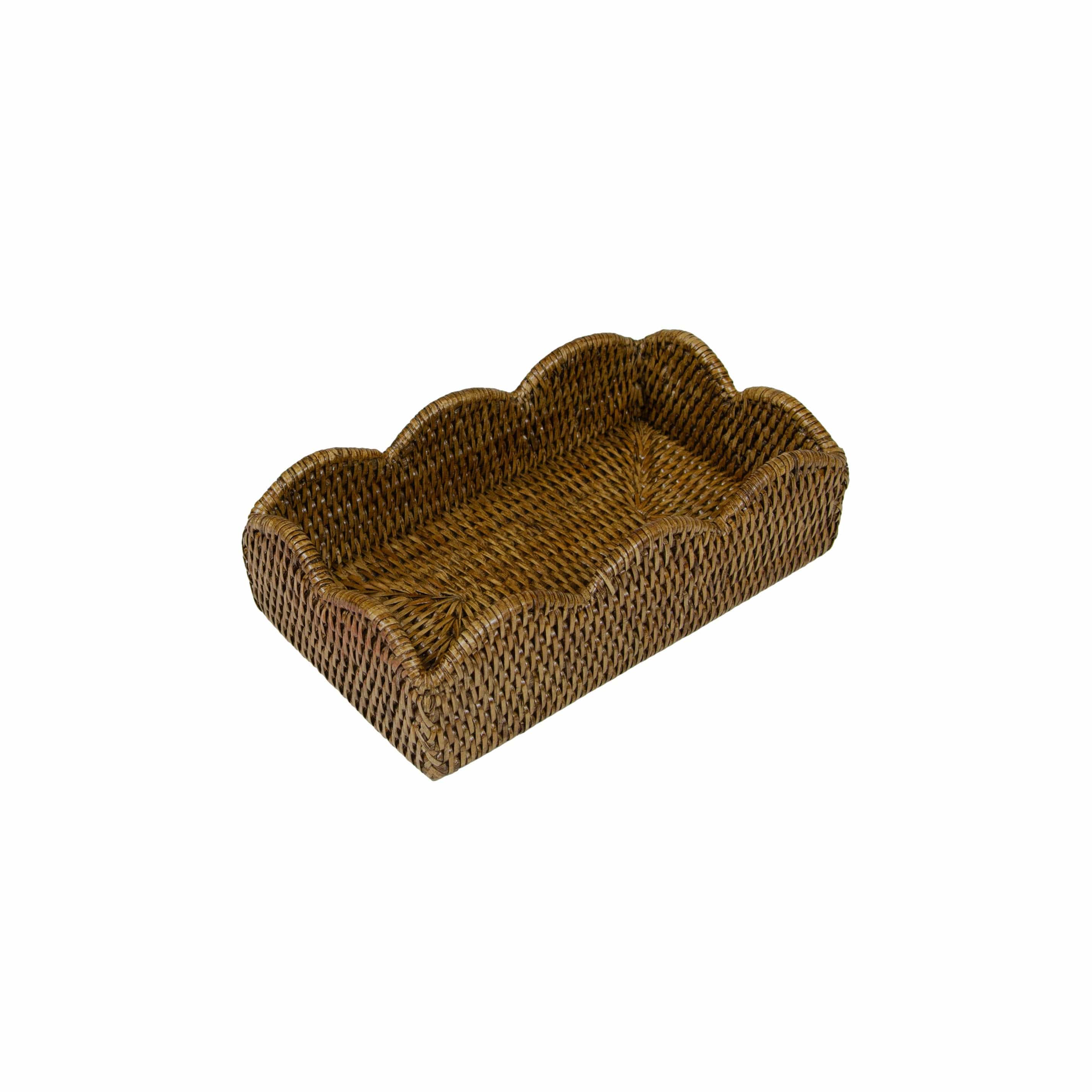 Natural rattan scalloped napkin holder with doubleweave construction.