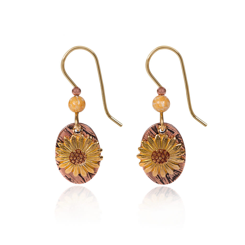 Warm sunflower drop earrings featuring brass metal with textured petals, glass beads, semi-precious stones, and crystal accents.
