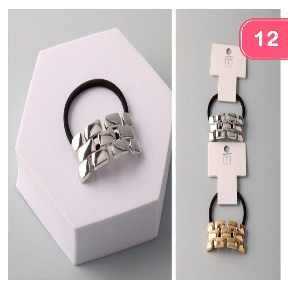 Black watch link hair tie with a sleek metal clasp on an elastic band.
